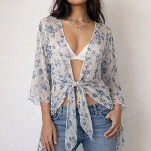 Nougat London Silk Sheer Fairy Top Sequin Floral Whimsigoth Tie Front Blouse S